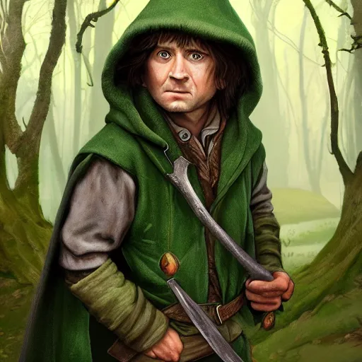 Prompt: a portrait of a hobbit rogue wearing a dark green hood and a cloak in the forest, wearing adventure gear, holding a sword, ultra realistic, detailed, masterpiece, short brown hair, clean shaven, by Tony Sart and Randy Vargas, trending on ArtStation