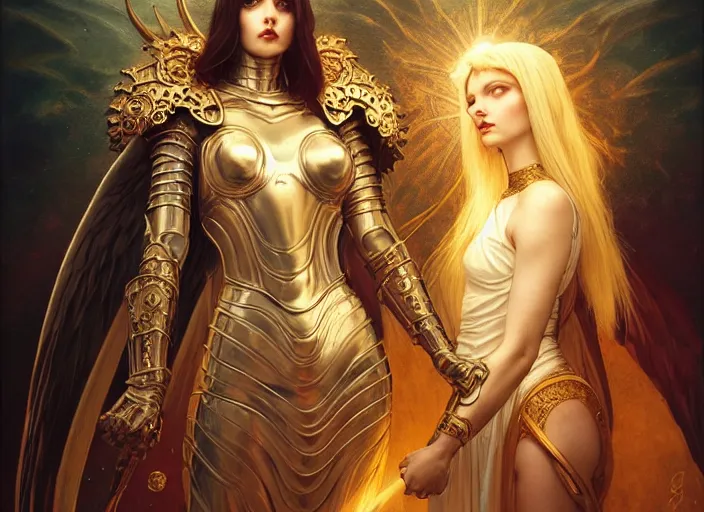 Image similar to portrait of demonic woman and angelic woman in armour, confident pose, pixie, genshin impact, intricate, elegant, golden ratio, sharp focus, soft bokeh, illustration, highly detailed, concept art, matte, trending on artstation, bright colors, art by wlop and artgerm and greg rutkowski, mucha, giger, marvel comics