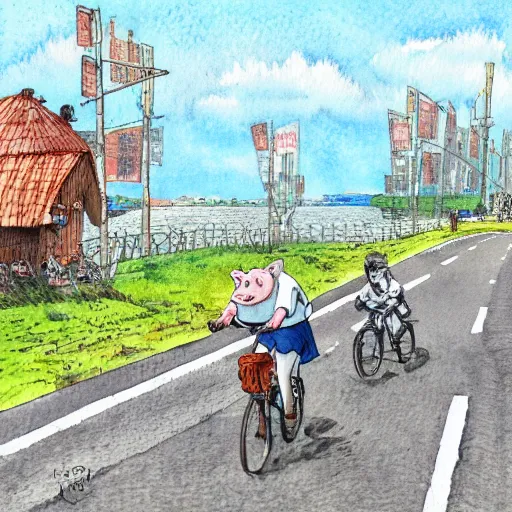 Image similar to a pig riding a bicycle on the road by the seaport,detailed watercolor pen ink illustration by Hayao Miyazaki, key visual official media