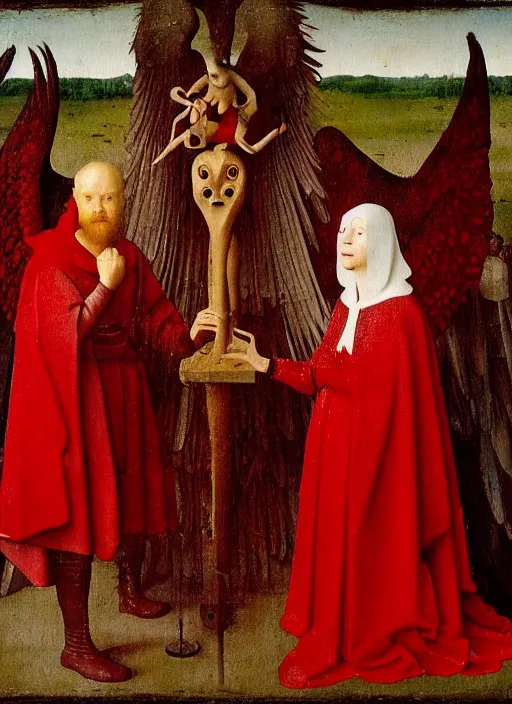 Image similar to fallen angels dressed in red with wings by Jan van Eyck, Hieronymus Bosch, Johannes Vermeer 4k post-processing, highly detailed medieval painting