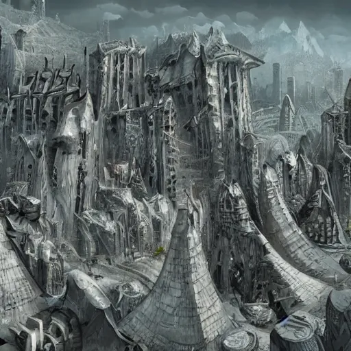 Prompt: A city constructed entirely from bone, bone city, jagged architecture, digital art, sci-fi fantasy illustration, very detailed concept art