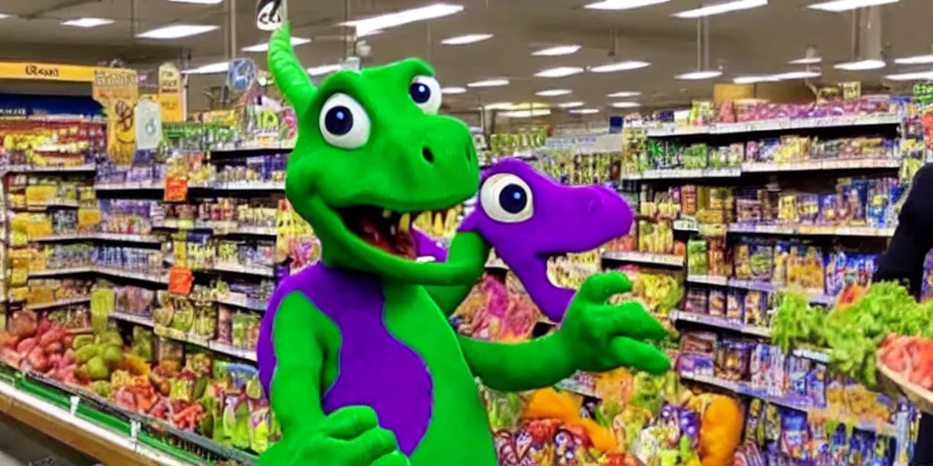 Image similar to cc - tv video of barney the dinosaur getting groceries