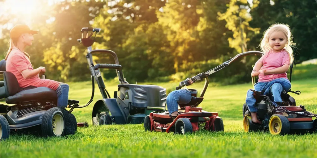 Image similar to a profile shot of a cute long haired toddler riding her tow lawn mower directly behind her father, who is sitting on a riding lawnmower, golden hour