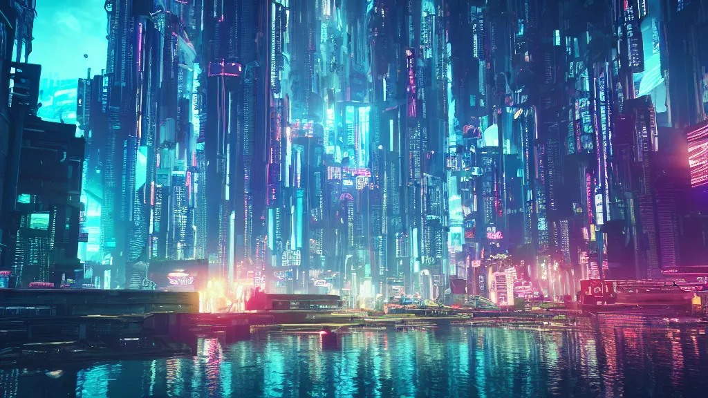 Image similar to cyberpunk city built underwater, submerged, nighttime, fluorescent led, made in blender, octane render, cinematic, volumetric lighting, futuristic,, hyperrealistic, highly detailed, colourful 4 k hd