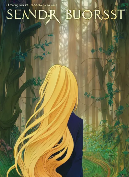 Prompt: book cover design, slender young man with long golden blond hair, shiny and sparkling, from behind, back shot, in a forest, natural lighting, path traced, highly detailed, high quality, cartoon, digital painting, by don bluth and ross tran and studio ghibli and alphonse mucha