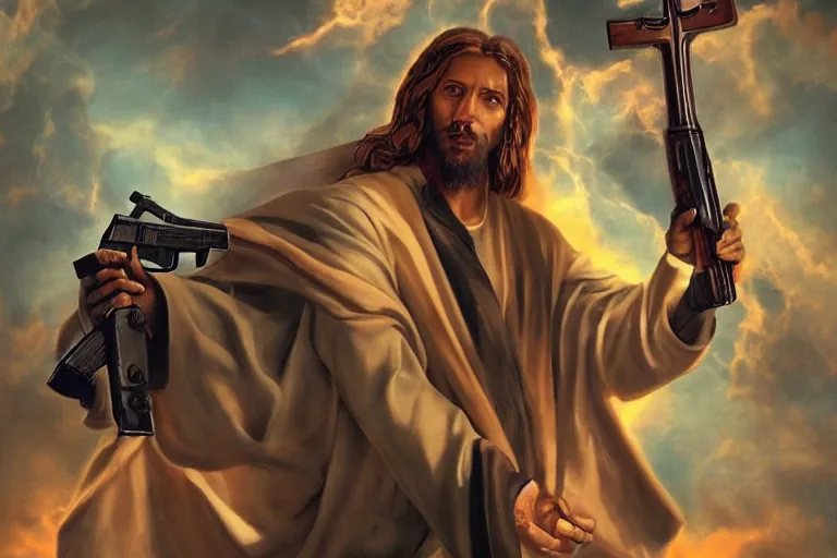 Image similar to real life photo of confident Jesus Christ holding a gun shooting the leader of Hell the Devil Hades, 8k, hyperrealistic, very detailed, clean, professional photography, epic composition, side profile, high contrast, upscaled, god rays