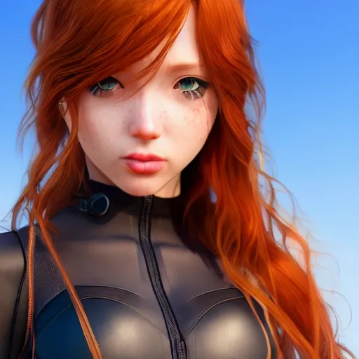 Image similar to black widow as a render of a very beautiful 3d anime girl, long hair, hazel eyes, cute freckles, full round face, short smile, cute sundress, golden hour, serene beach setting, medium shot, mid-shot, highly detailed, trending on Artstation, Unreal Engine 4k