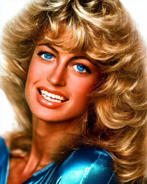 Image similar to closeup portrait of a beautiful young farrah fawcett in a sports illustrated photoshoot, rim lighting, glamour pose, hyper realistic, soft lighting,,, hd, octane, arney freytag!!!