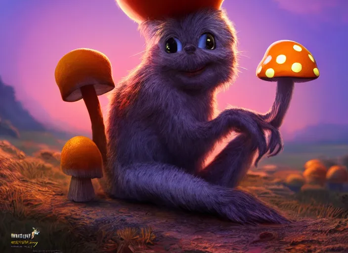 Image similar to a cute dr seuss creature sitting next to a mushroom, golden hour, fantasy, sharp focus, digital art, hyper realistic, 4 k, unreal engine, highly detailed, hd, dramatic lighting by brom, trending on artstation