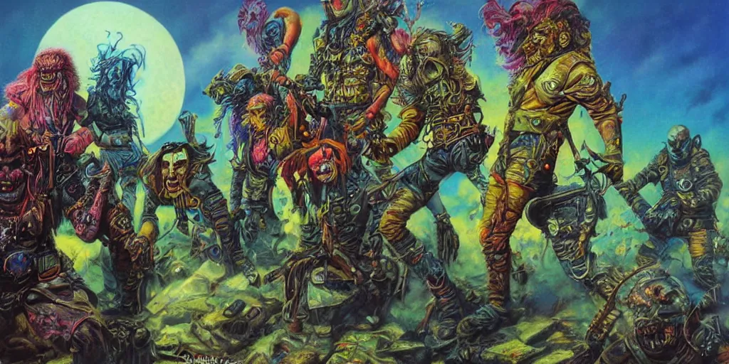 Image similar to psychedelic post apocalyptic orc biker gang, sharp focus, psychedelic colors, michael whelan, boris vallejo