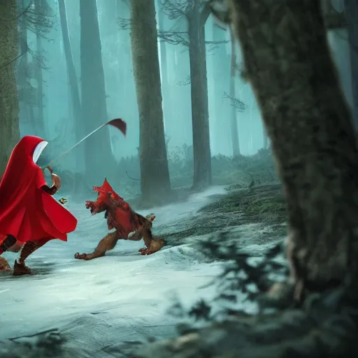 Prompt: Toddler little red riding hood fighting and slaying a giant scary werewolf, 3d scene, render, ultra realistic, zenith view, Greg Rutkowski, artstation, cgsociety, unreal engine, 3d scene, render, ultra realistic