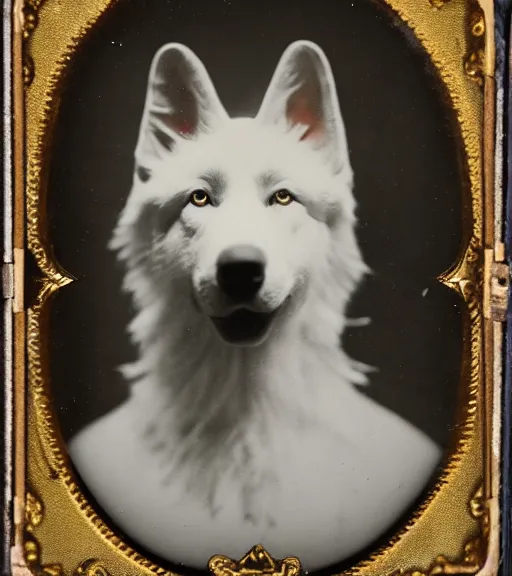 Prompt: professional studio photo portrait of anthro anthropomorphic albino german shepard head animal person fursona serious wearing elaborate military general uniform clothes degraded medium by Louis Daguerre daguerreotype tintype