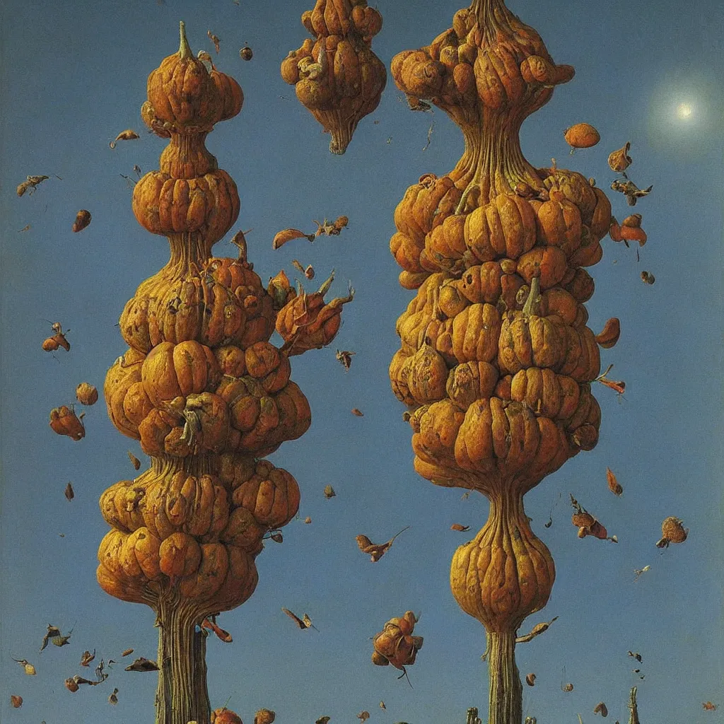 Prompt: a single! colorful! ( beksinski ) gourd fungus bird tower clear empty sky, a high contrast!! ultradetailed photorealistic painting by jan van eyck, audubon, rene magritte, agnes pelton, max ernst, walton ford, andreas achenbach, ernst haeckel, hard lighting, masterpiece