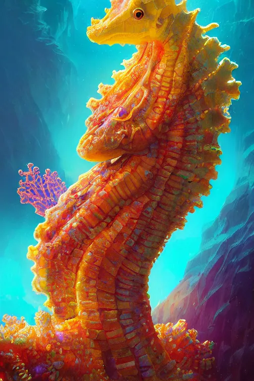 Image similar to highly detailed portrait of rainbow seahorse, stephen bliss, unreal engine, fantasy art by greg rutkowski, rhads, ferdinand knab, makoto shinkai and lois van baarle, ilya kuvshinov, rossdraws, tom bagshaw, global illumination, radiant light, yellow blue theme, coral reef