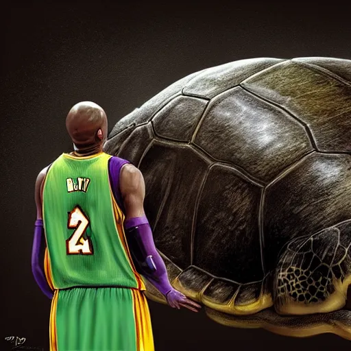 Prompt: kobe bryant kissing a giant turtle in heaven, hyper realistic, side view, digital art, amazing detail, artstatiom, cgsociety, epic art