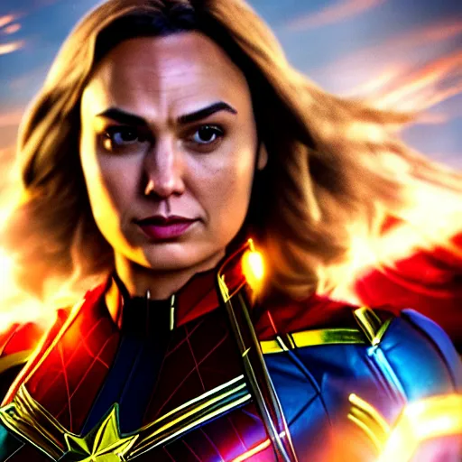 Image similar to a potrait of gal gadot as Captain Marvel by Zack Snyder, Christopher Nolan, 8k photorealistic, cinematic lighting, HD, high details, dramatic, trending on artstation, view from below, dark atmosphere,