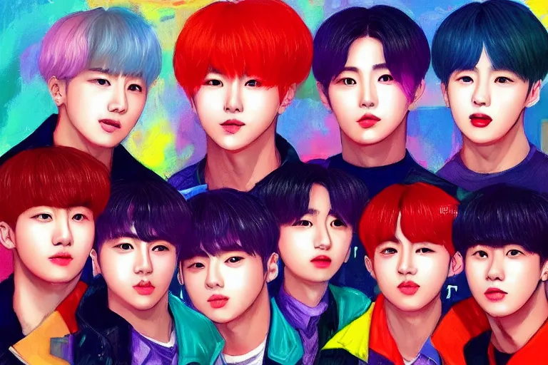 Image similar to “ a portrait of members of bts k - pop band, rainy background, bright art masterpiece artstation. 8 k, sharp high quality artwork in style of jose daniel cabrera pena, concept art by tooth wu, fanart ”