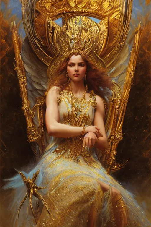 Prompt: full body portrait of seraphim queen astride her throne, highly detailed painting by gaston bussiere, craig mullins, j. c. leyendecker, 8 k, mid shot