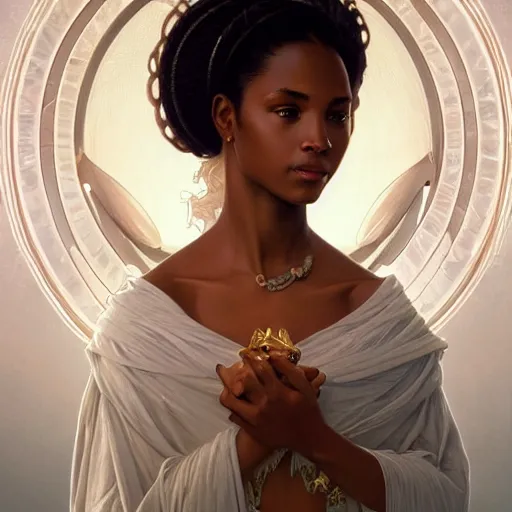 Prompt: 3 / 4 view portrait of an african moon goddess, with white skin, intricate, elegant, highly detailed, digital painting, artstation, concept art, smooth, sharp focus, illustration, art by artgerm and greg rutkowski and alphonse mucha and william - adolphe bouguereau