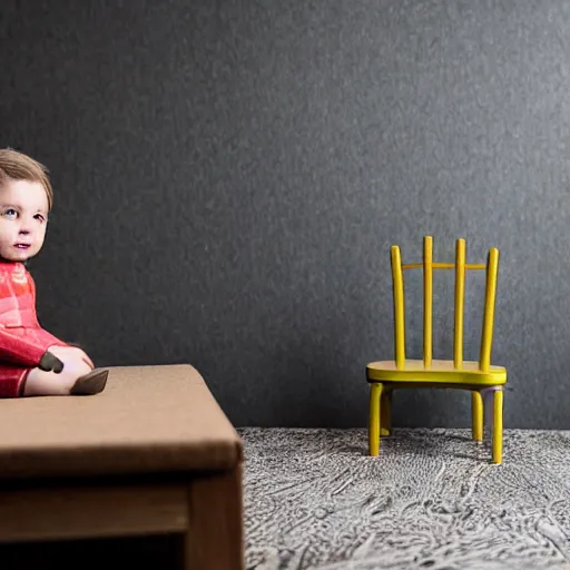 Image similar to Small kid, sitting on a chair in backrooms, high detailed, realistic photo