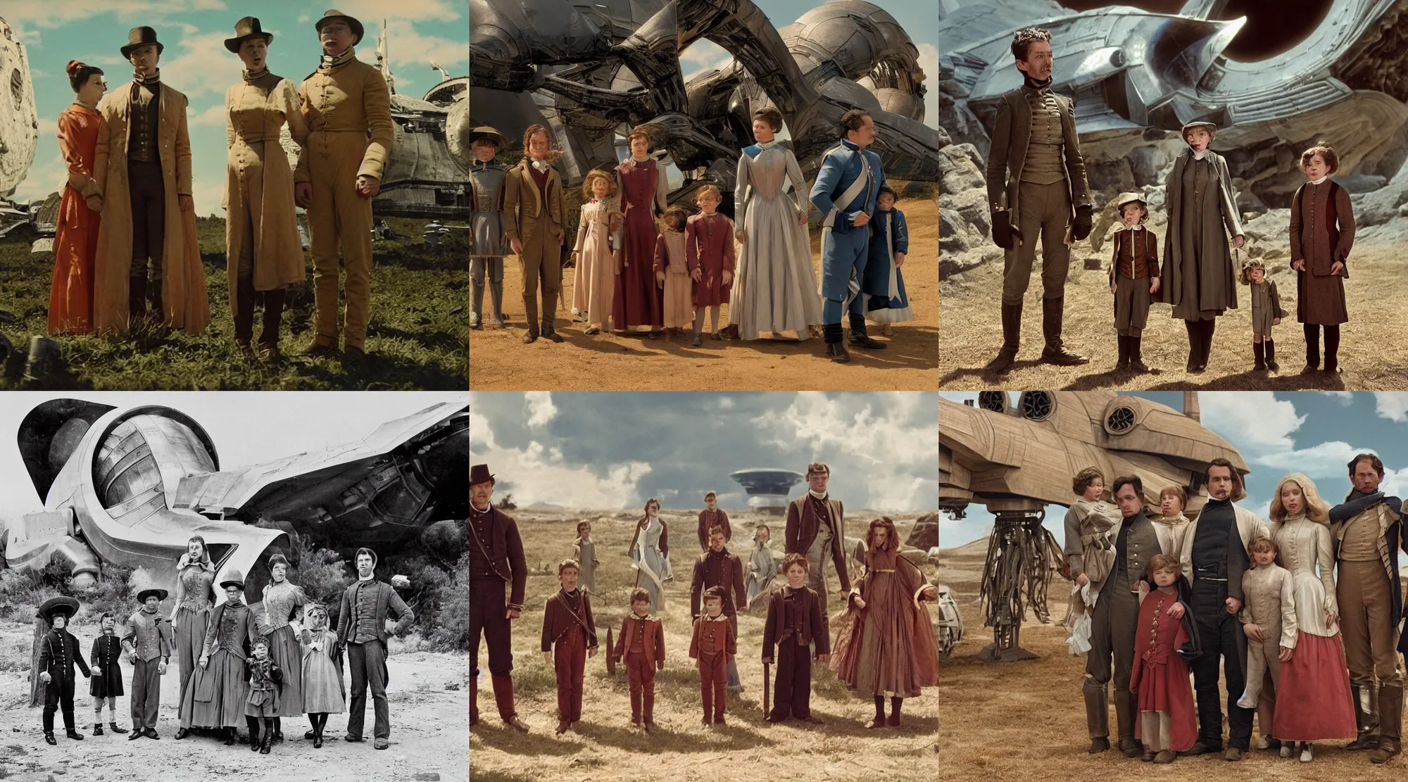 Prompt: sharp, detailed, 256k film still from a sci fi blockbuster color movie made in 2020, set in 1860, of a family standing in front of a spaceship that has just landed on an alien planet, a humanoid alien creature stands nearby, the family are all wearing 1860s era clothes, cinematic lighting, good photography, sharp focus, in color