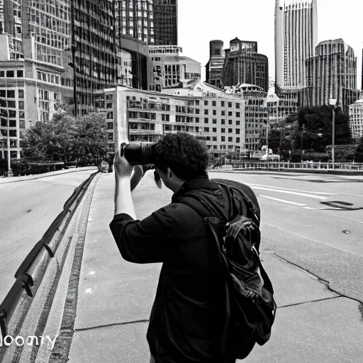 Prompt: young male taking photographs in pittsburgh real life, black and white, 1 9 7 0 s, 8 k, 4 k uhd, realistic, hyper realistic, super detailed, very detailed, detailed