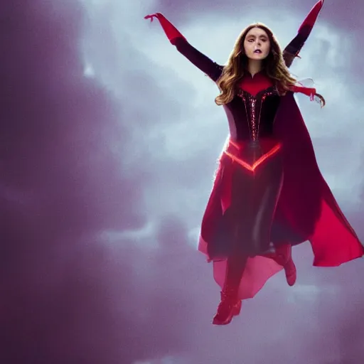 Image similar to elizabeth olsen as the scarlet witch, floating in the air as she emanates magic from her palms, full - body portrait, 3 5 mm!!!!! photography, disdain facial expression, messy!!!!! hair, trending on artstation, photorealistic!!!!!, 4 k, 8 k