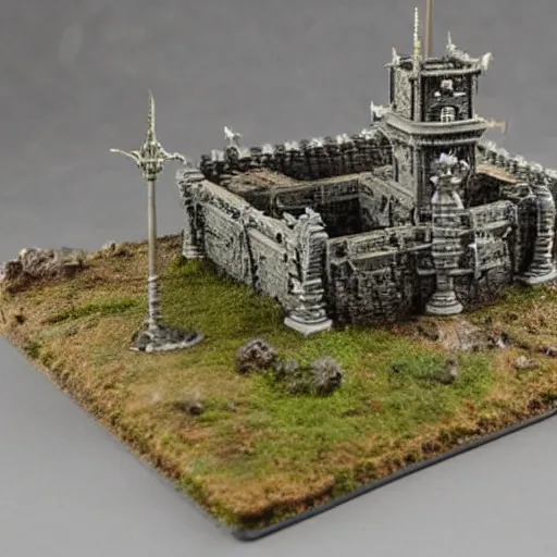 Prompt: miniature scifi warhammer diorhama castel