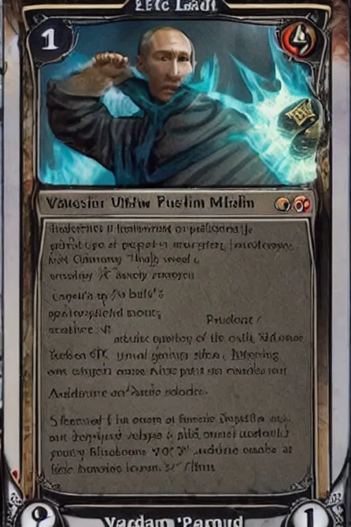 Image similar to a photo showing a magic the gathering card in it's full glory, depicting vladimir putin as a wizzard, 8 k, ultra realistic,