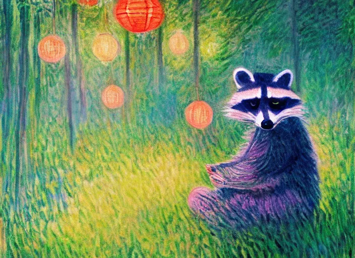 Prompt: painting of raccoon! with colorful paper lanterns in a forest at night, in the style of Claude Monet