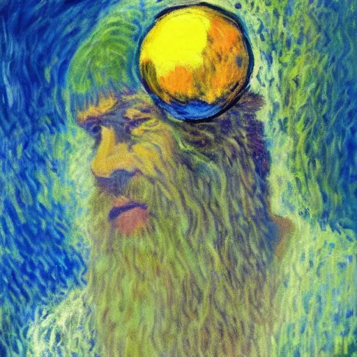 Image similar to caveman with a tinfoil hat, divination ball, portrait by monet