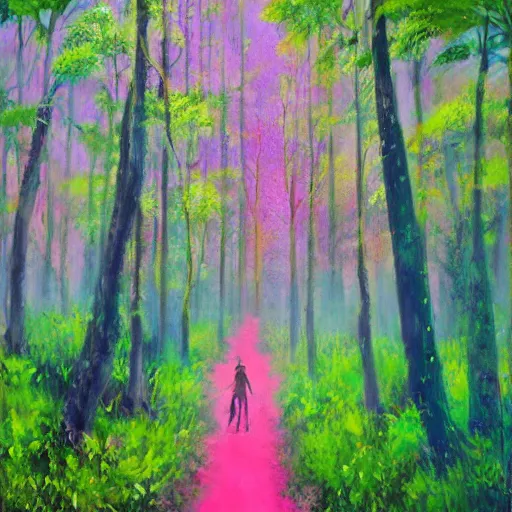 Prompt: a pink mage walking through a lush psychedelic forest, oil painting, by martin wiegand