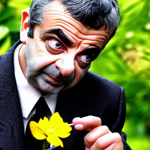 Image similar to photo of rowan atkinson eating a flower, highly detailed, extremely high quality, hd, 4 k, 8 k, professional photographer, 4 0 mp, lifelike, top - rated, award winning, realistic, detailed lighting, detailed shadows, sharp, no blur, edited, corrected, trending