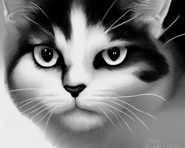 Image similar to black and white cat, an illustration, by ross tran, artgerm