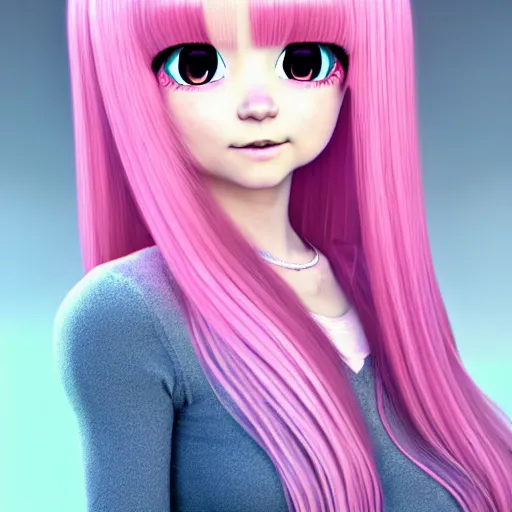 Image similar to A portrait of Nikki from Shining Nikki and Love Nikki, a cute 3d cgi toon young woman with long light pink hair, full bangs, hazel eyes, full face, light makeup, pale skin, Chinese heritage, medium shot, mid-shot, hyperdetailed, 8k, trending on artstation, as a Pixar character