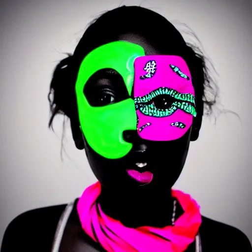 Prompt: beautiful Girl with a bandana, big mouth, big eyes, short black hair, in a neon style, close up