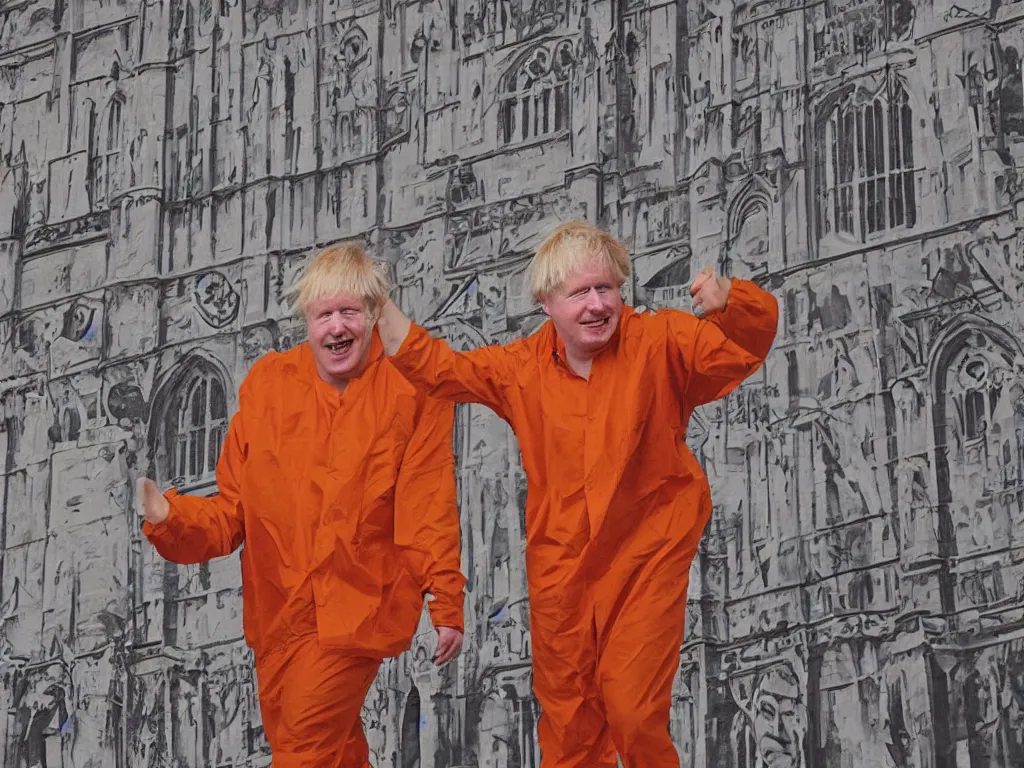 Image similar to photograph of a mural, depicting boris johnson in an orange jumpsuit, painted covering every square inch of the palace of westminster