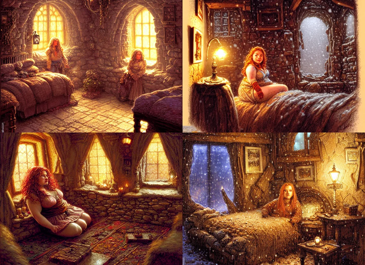 Image similar to beautiful dwarf woman on her cozy lamp lit bedroom at night, snowstorm outside through windows, stone dwarven house, beautiful scene, intricate, detailed, warm light, confortable atmosphere, high quality, by donato giancola and ralph horsley, cute, chubby