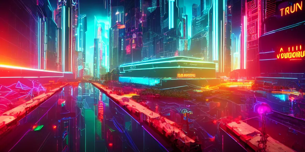 Prompt: a vast city of tron like neon, tron 1 9 8 4, vibrant colors, octane render