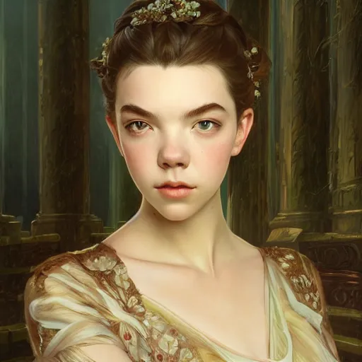 Image similar to beautiful young anya taylor - joy, closeup, d & d, fantasy, intricate, elegant, highly detailed, digital painting, artstation, concept art, matte, sharp focus, illustration, art by artgerm and greg rutkowski and alphonse mucha