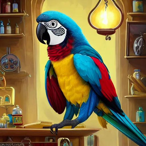 Image similar to Anthropomorphized parrot trader in his shop, selling his wares, portrait, items, magic potions, carpet, window, sly expression , cunning expression, cute expression, blue eyes, long thick shiny gold beak, presenting wares, holding a gold bag, D&D, fantasy, cinematic lighting, highly detailed, digital painting, artstation, concept art, smooth, sharp focus, illustration, warm light, cozy warm tint, magic the gathering artwork, volumetric lighting, 8k, art by Akihiko Yoshida, Greg Rutkowski