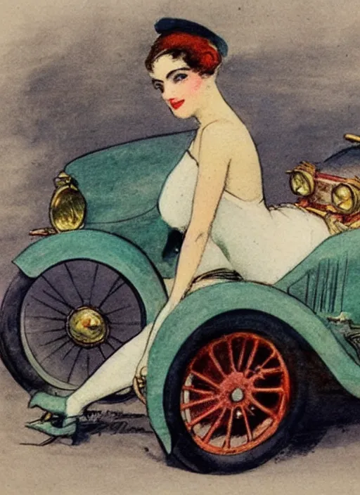 Prompt: Louis Icart, an old colored drawing of a woman posing in front of a 1920's car by Louis Icart, highly detailed, masterpiece