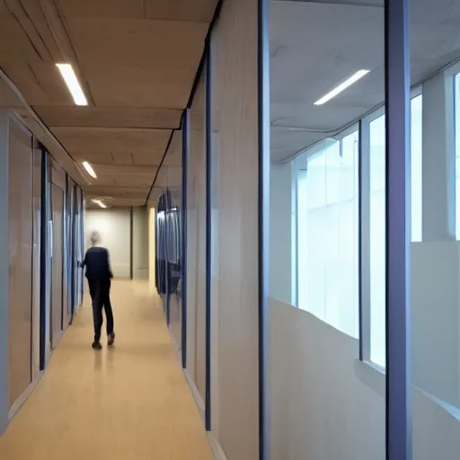 Image similar to non-euclidean office space, uneven hallways