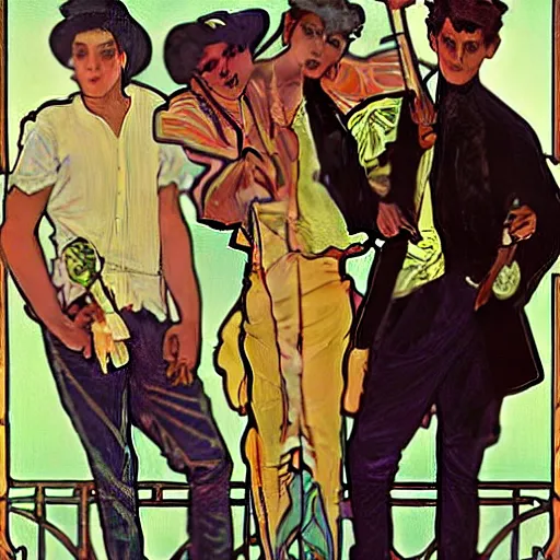 Image similar to a painting of three male teenagers with rockabilly attire holding yellow popsicle and looking at women in the streets by alphonse mucha