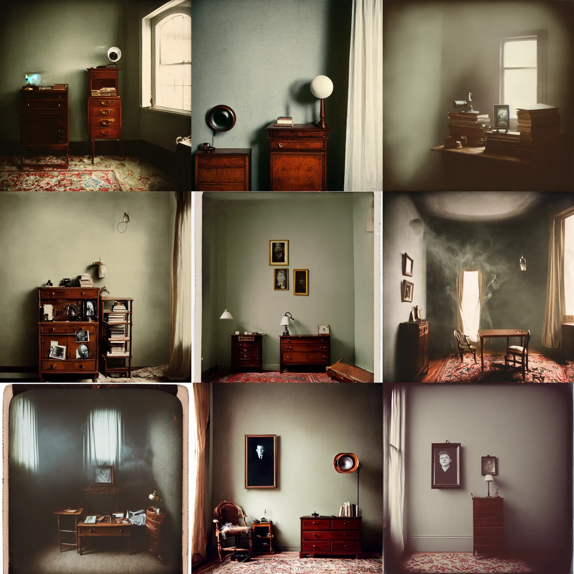 Image similar to kodak portra 4 0 0, wetplate, fisheye, award - winning portrait by britt marling, 1 9 2 0 s room, ghost, picture frames, shining lamps, dust, smoke, 1 9 2 0 s furniture, wallpaper, carpet, books, muted colours, wood, fog,