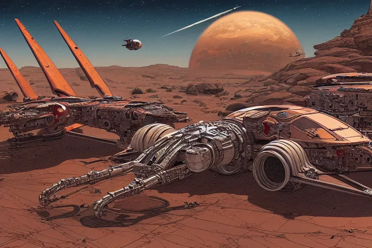 Prompt: a detailed painting of a martian hot - rod spaceship, by moebius and geof darrow, wlop, tooth wu cinematic, concept art, detailed, intricate lines, trending on artstation