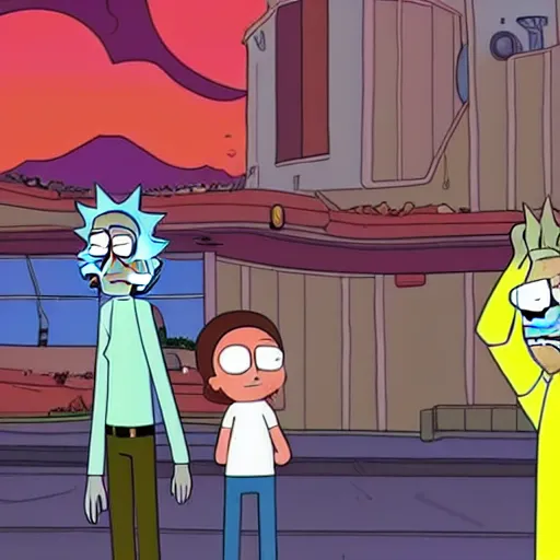 Image similar to Rick and Morty visiting Futurama