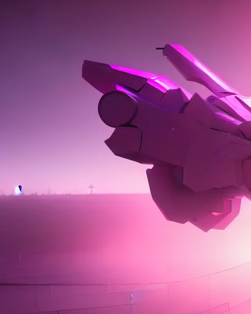 Image similar to hyperrealistic 3d render full mecha iridescent pink foggy landscape concept art vray ute osterwald de chirico sharp cinematic very moody light 8k low angle shallow depth of field