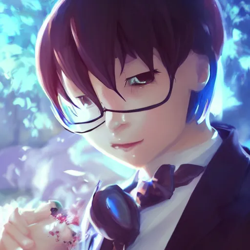 Image similar to rimuru tempest dressed as a butler, cute, highly detailed, professional digital painting, concept art, unreal engine 5, 8 k, cinematic, wlop, art by greg rutkowski, pixiv art, taiki kawakami, yoshitaka amano