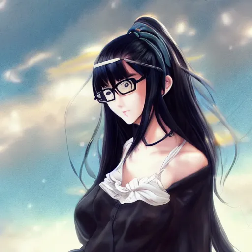 Prompt: anime young woman with long black hair, with glasses, silk dress, full body, windswept, waifu, choker, elegant, highly detailed, anime style, by artgerm, wlop, rossdraws, james jean, andrei riabovitchev, marc simonetti, sakimichan, trending on artstation, hd, 4 k